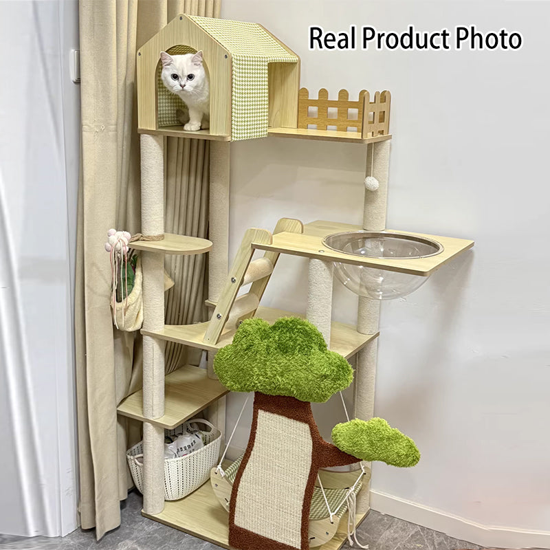 Contemporary Creative Treehouse Design Medium Density Fiberboard Sisal Kraft Paper Velvet Plastic Cotton-Linen Cat Tree & Condo 1-Hammock 1-Scratching Post For Living Room Cuvalon