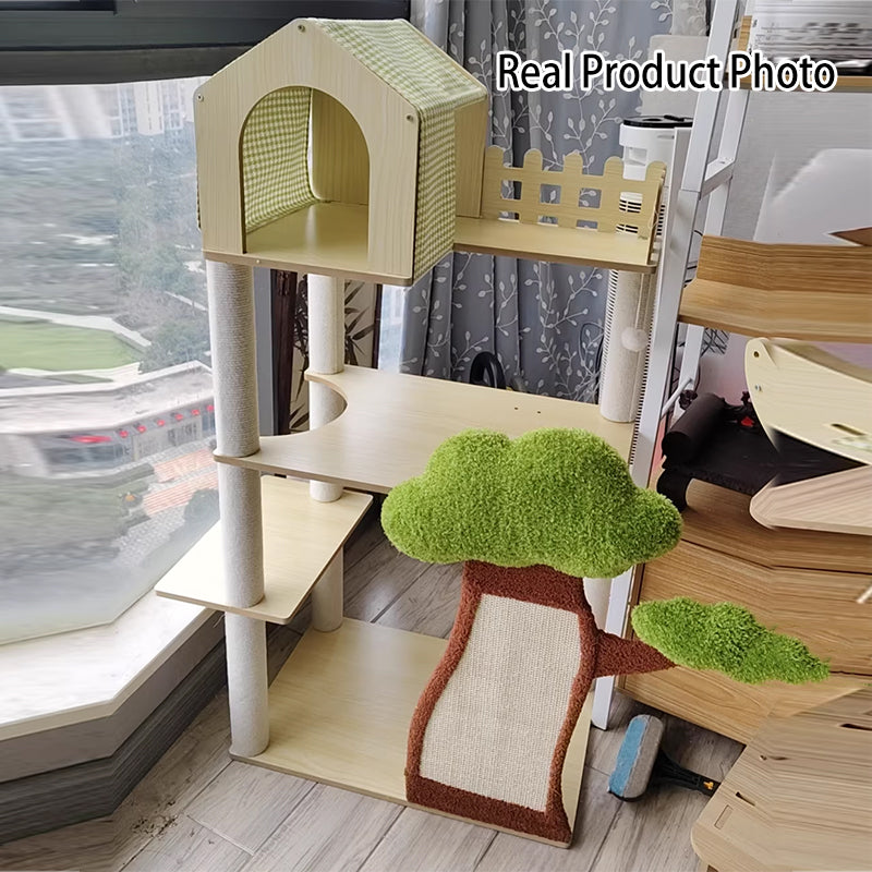 Contemporary Creative Treehouse Design Medium Density Fiberboard Sisal Kraft Paper Velvet Plastic Cotton-Linen Cat Tree & Condo 1-Hammock 1-Scratching Post For Living Room Cuvalon