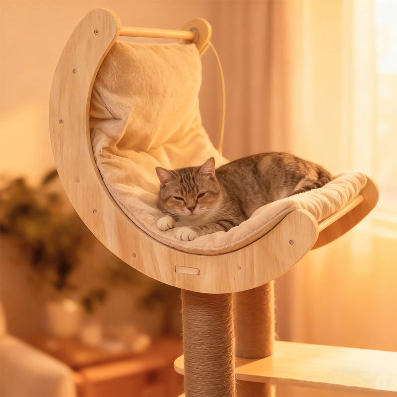 Contemporary Scandinavian Rectangular Cylindrical Curved Solid Wood Plywood Hemp Rope Thickened Cardboard Tube Plastic Velvet Cat Tree & Condo 3-Condo 1-Perch For Living Room Cuvalon