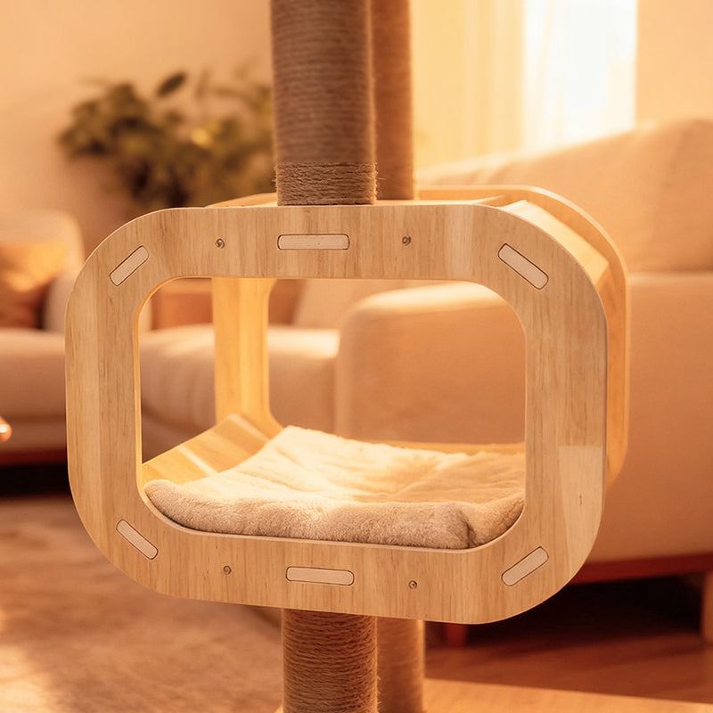 Contemporary Scandinavian Rectangular Cylindrical Curved Solid Wood Plywood Hemp Rope Thickened Cardboard Tube Plastic Velvet Cat Tree & Condo 3-Condo 1-Perch For Living Room Cuvalon