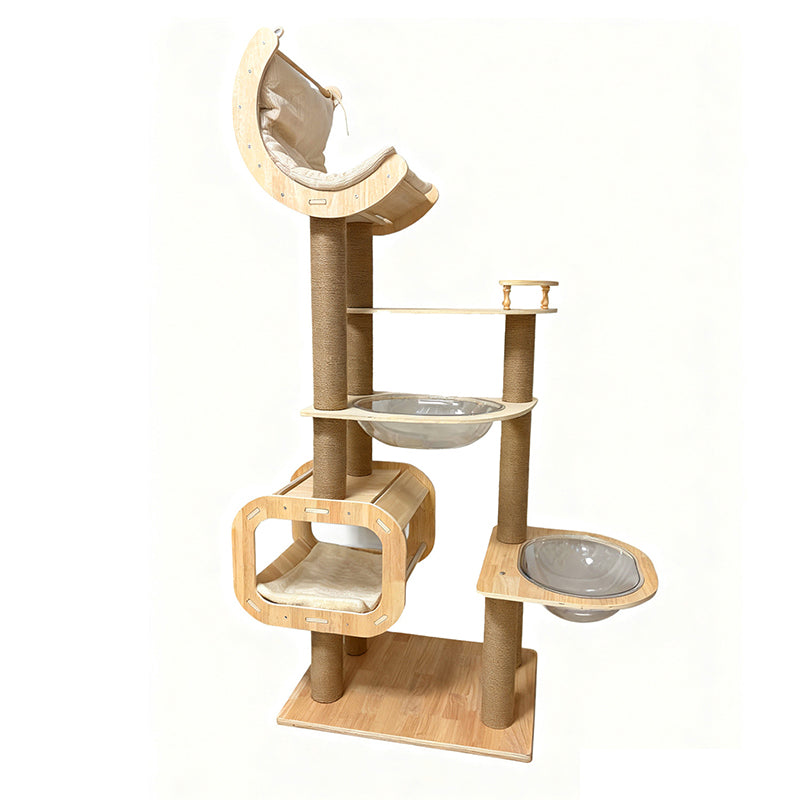 Contemporary Scandinavian Rectangular Cylindrical Curved Solid Wood Plywood Hemp Rope Thickened Cardboard Tube Plastic Velvet Cat Tree & Condo 3-Condo 1-Perch For Living Room Cuvalon