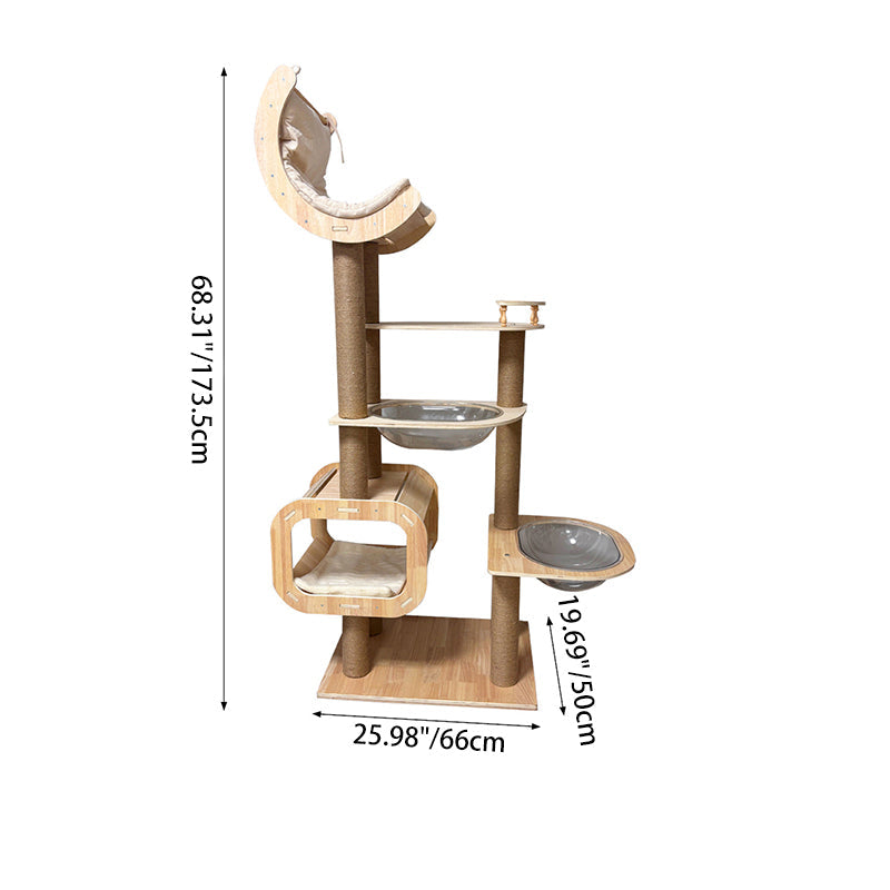 Contemporary Scandinavian Rectangular Cylindrical Curved Solid Wood Plywood Hemp Rope Thickened Cardboard Tube Plastic Velvet Cat Tree & Condo 3-Condo 1-Perch For Living Room Cuvalon