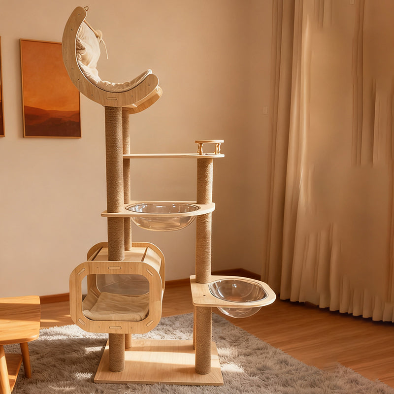 Contemporary Scandinavian Rectangular Cylindrical Curved Solid Wood Plywood Hemp Rope Thickened Cardboard Tube Plastic Velvet Cat Tree & Condo 3-Condo 1-Perch For Living Room Cuvalon