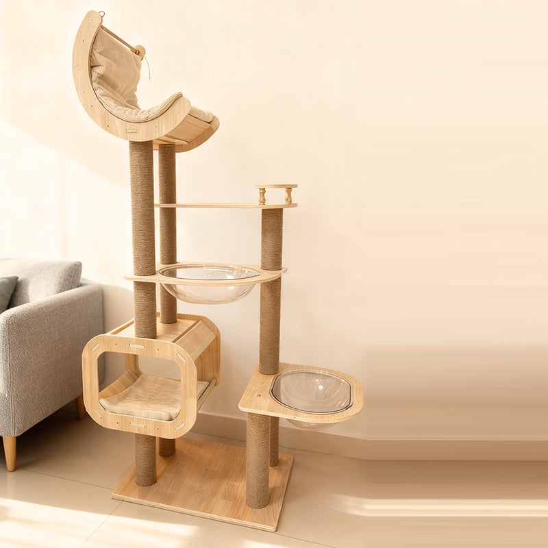 Contemporary Scandinavian Rectangular Cylindrical Curved Solid Wood Plywood Hemp Rope Thickened Cardboard Tube Plastic Velvet Cat Tree & Condo 3-Condo 1-Perch For Living Room Cuvalon