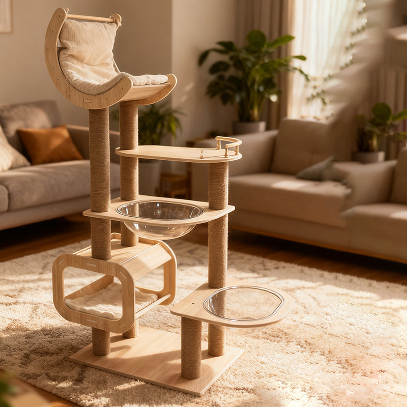 Contemporary Scandinavian Rectangular Cylindrical Curved Solid Wood Plywood Hemp Rope Thickened Cardboard Tube Plastic Velvet Cat Tree & Condo 3-Condo 1-Perch For Living Room Cuvalon