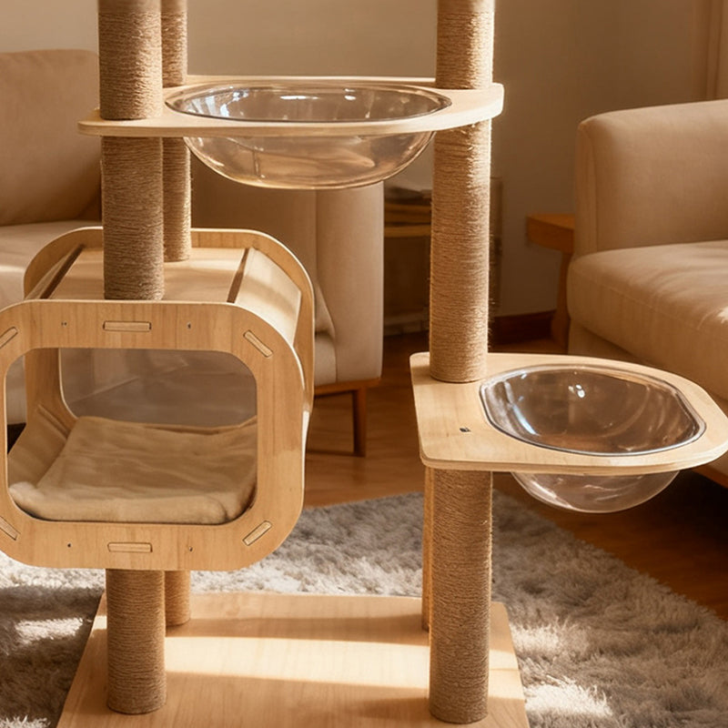 Contemporary Scandinavian Rectangular Cylindrical Curved Solid Wood Plywood Hemp Rope Thickened Cardboard Tube Plastic Velvet Cat Tree & Condo 3-Condo 1-Perch For Living Room Cuvalon