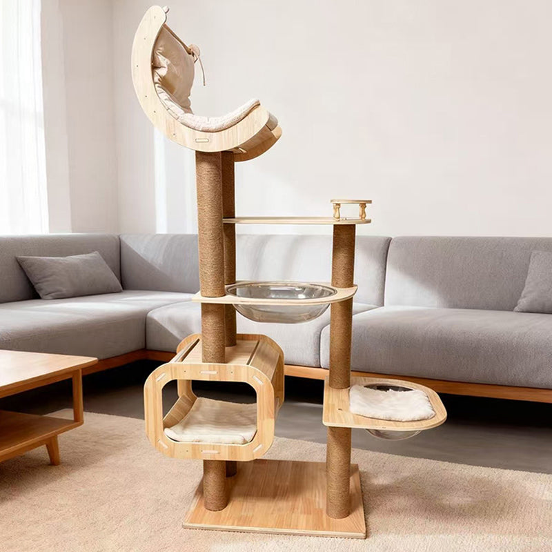 Contemporary Scandinavian Rectangular Cylindrical Curved Solid Wood Plywood Hemp Rope Thickened Cardboard Tube Plastic Velvet Cat Tree & Condo 3-Condo 1-Perch For Living Room Cuvalon