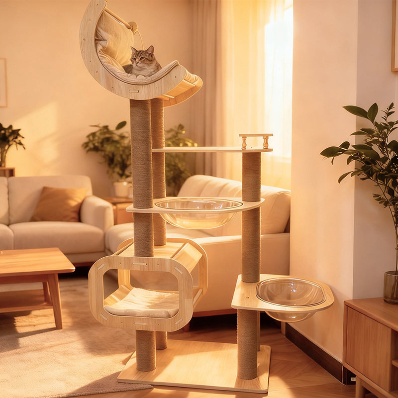 Contemporary Scandinavian Rectangular Cylindrical Curved Solid Wood Plywood Hemp Rope Thickened Cardboard Tube Plastic Velvet Cat Tree & Condo 3-Condo 1-Perch For Living Room Cuvalon