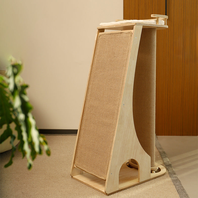 Modern Minimalist Rectangular Trapezoidal Cotton-Linen Medium Density Fiberboard Fabric Cat Tree & Condo 1-Perch 2-Scratching Post For Living Room Cuvalon