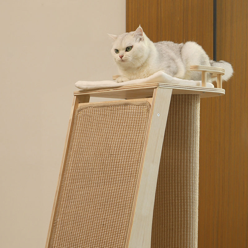 Modern Minimalist Rectangular Trapezoidal Cotton-Linen Medium Density Fiberboard Fabric Cat Tree & Condo 1-Perch 2-Scratching Post For Living Room Cuvalon