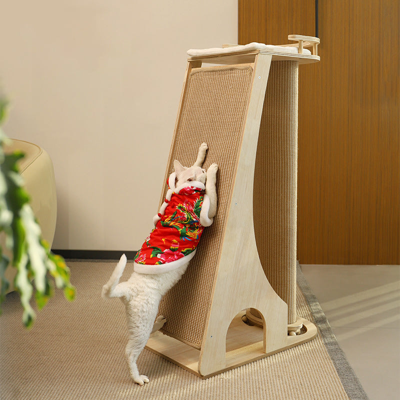 Modern Minimalist Rectangular Trapezoidal Cotton-Linen Medium Density Fiberboard Fabric Cat Tree & Condo 1-Perch 2-Scratching Post For Living Room Cuvalon