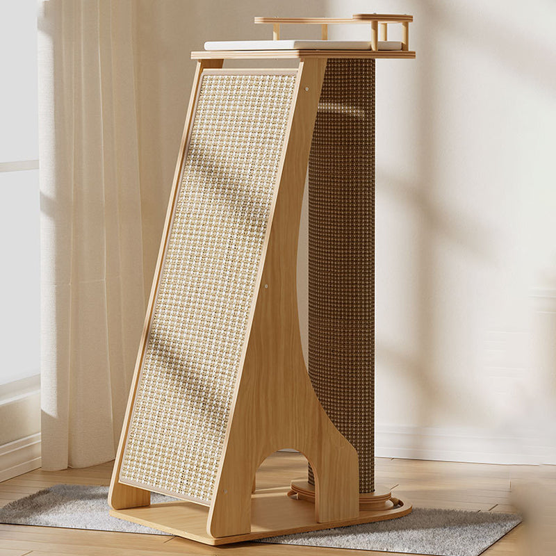 Modern Minimalist Rectangular Trapezoidal Cotton-Linen Medium Density Fiberboard Fabric Cat Tree & Condo 1-Perch 2-Scratching Post For Living Room Cuvalon