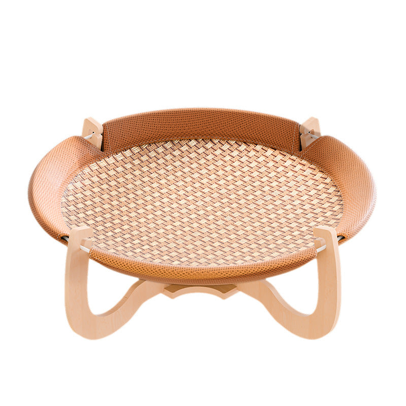 Contemporary Boho Round Rattan Mat Solid Wood Multi-Layer Board Fabric Medium Density Fiberboard Cat Bed For Bedroom Cuvalon