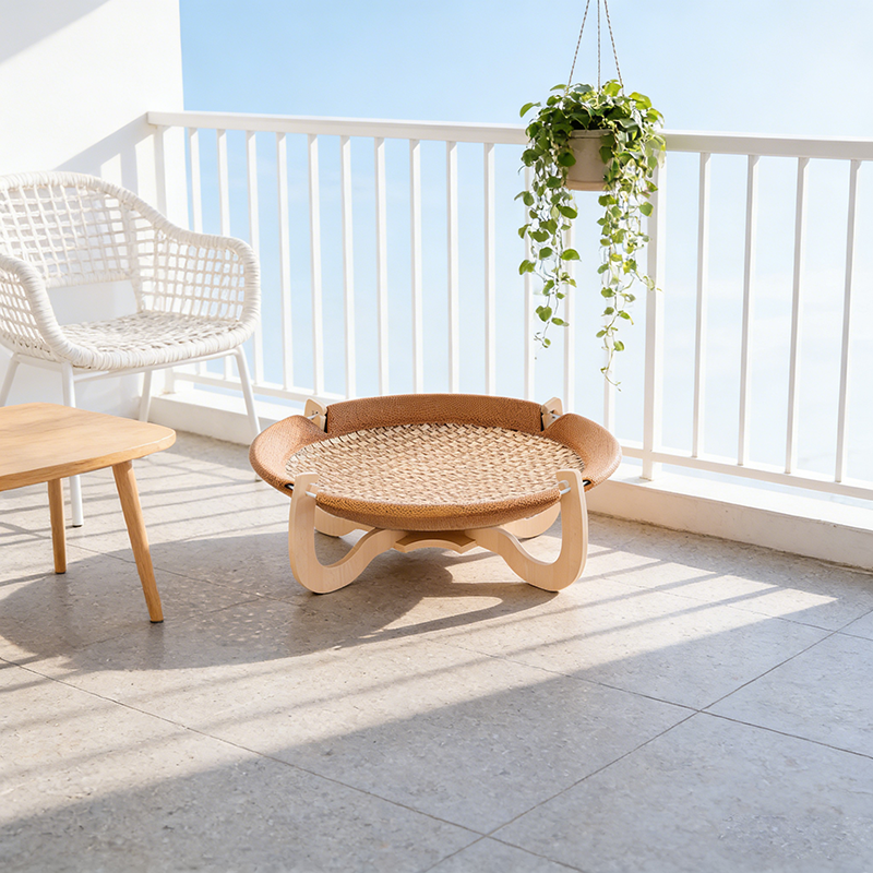 Contemporary Boho Round Rattan Mat Solid Wood Multi-Layer Board Fabric Medium Density Fiberboard Cat Bed For Bedroom Cuvalon