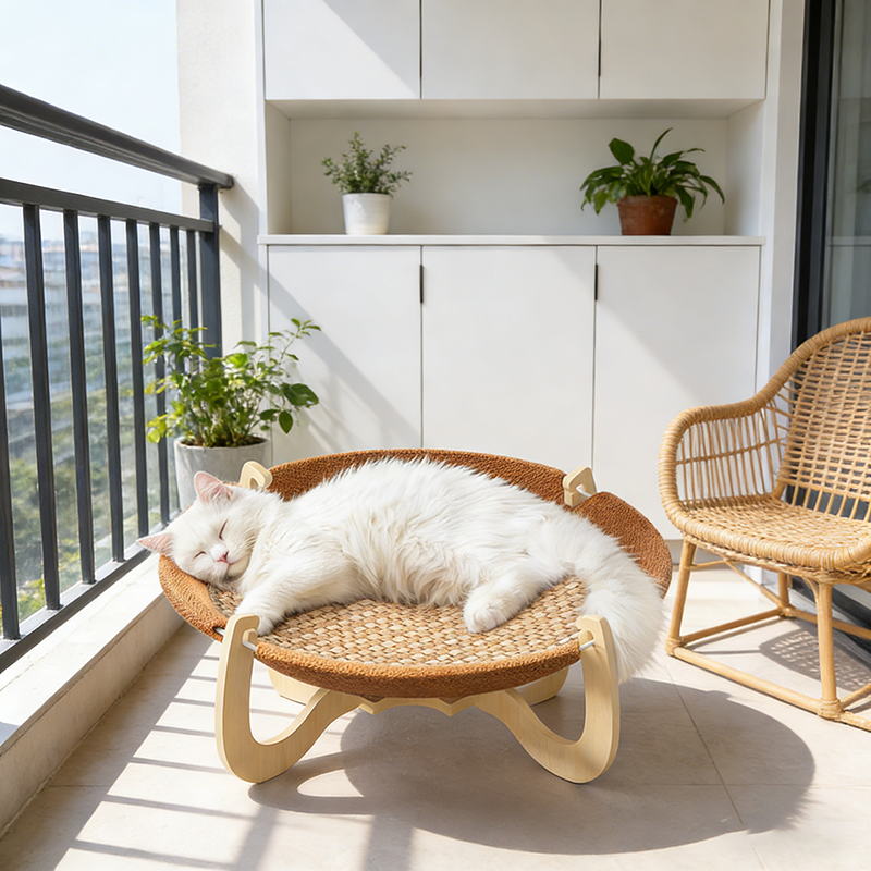 Contemporary Boho Round Rattan Mat Solid Wood Multi-Layer Board Fabric Medium Density Fiberboard Cat Bed For Bedroom Cuvalon