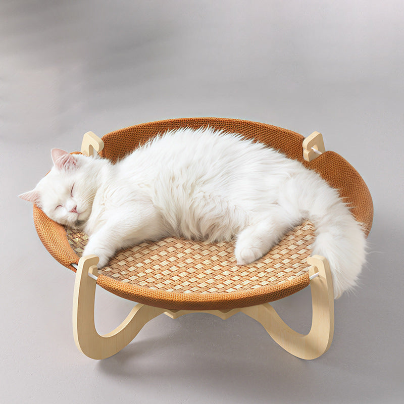 Contemporary Boho Round Rattan Mat Solid Wood Multi-Layer Board Fabric Medium Density Fiberboard Cat Bed For Bedroom Cuvalon