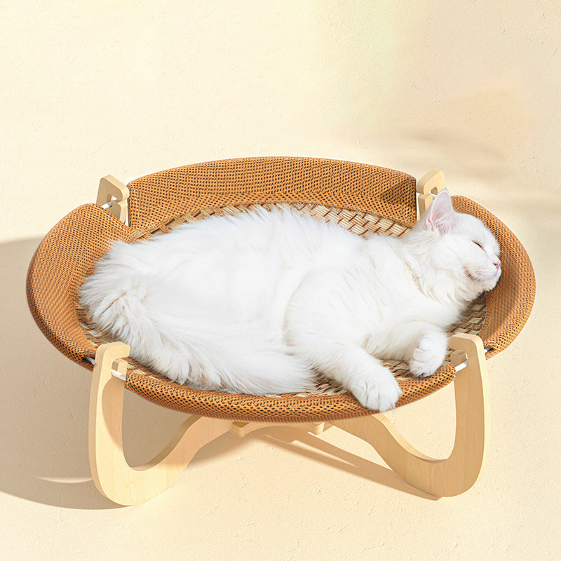 Contemporary Boho Round Rattan Mat Solid Wood Multi-Layer Board Fabric Medium Density Fiberboard Cat Bed For Bedroom Cuvalon