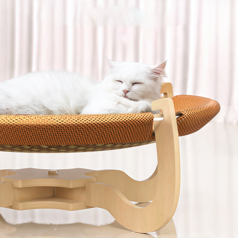 Contemporary Boho Round Rattan Mat Solid Wood Multi-Layer Board Fabric Medium Density Fiberboard Cat Bed For Bedroom Cuvalon