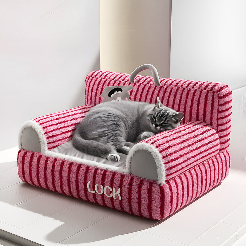 Modern Minimalist Rectangular Striped Fleece Pet Bed Cat Bed Accent Chair Backrest Armrest For Living Room Cuvalon
