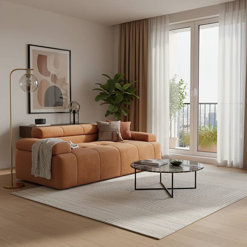 Contemporary Scandinavian High-Resilience Foam Velvet Compressed Sofa - Rectangular Modular Low-Profile Sofa For Living Room Cuvalon