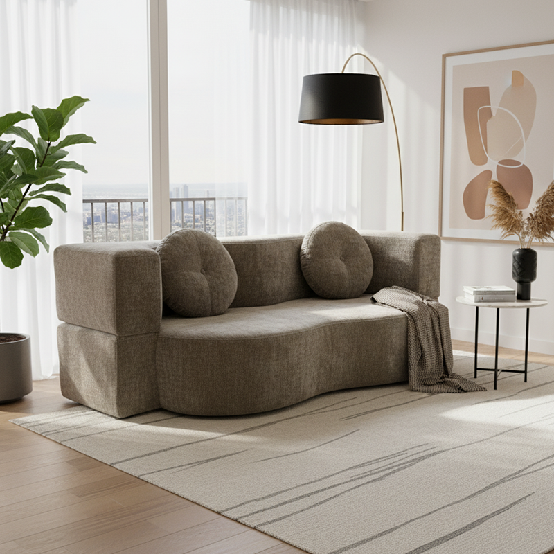 Contemporary Scandinavian Chenille Upholstery High-Resilience Foam Convertible Foldable Sofa Bed - U-Shaped Modular Compressed Loveseat Sofa For Living Room Cuvalon