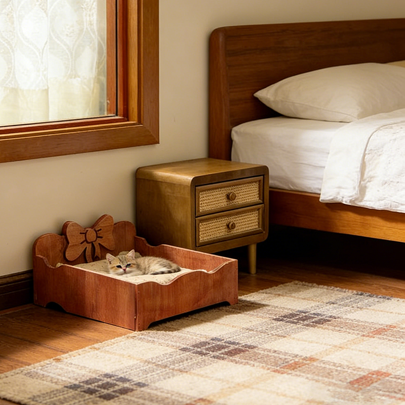 Contemporary Creative Rectangular Bow-Shaped Poplar Wood Cat Bed & Dog Bed For Bedroom Cuvalon