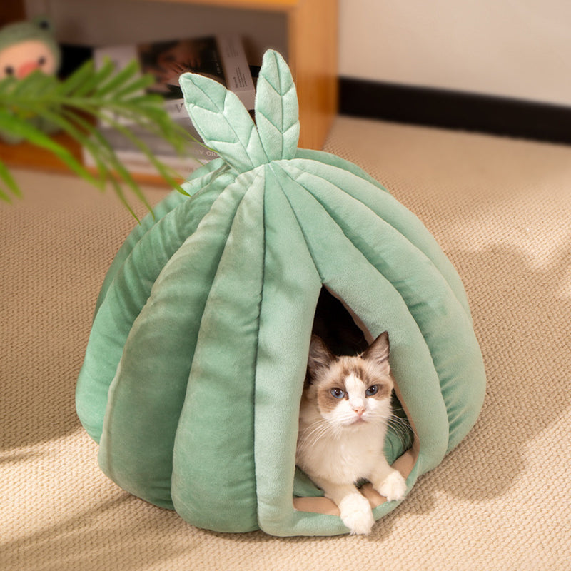 Contemporary Creative Pumpkin-Shaped Rabbit Ear Design Velvet Anti-Slip Dotted Fabric Cat Bed For Bedroom Cuvalon
