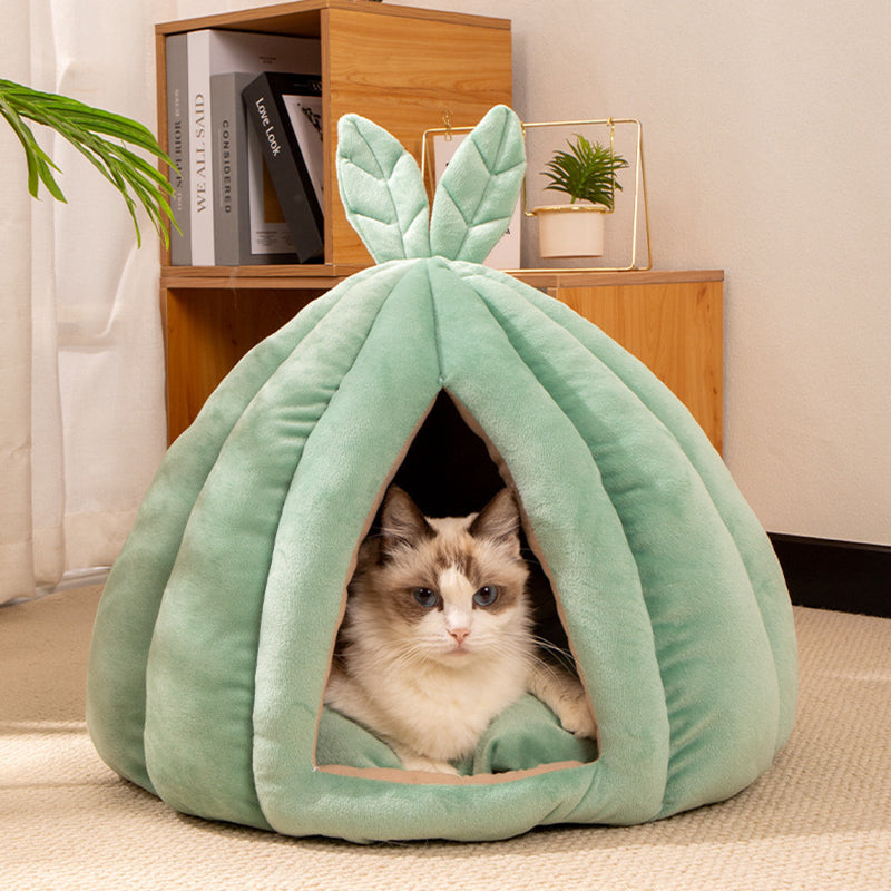 Contemporary Creative Pumpkin-Shaped Rabbit Ear Design Velvet Anti-Slip Dotted Fabric Cat Bed For Bedroom Cuvalon