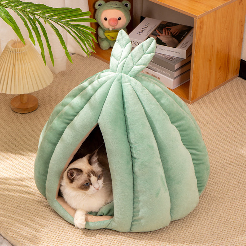 Contemporary Creative Pumpkin-Shaped Rabbit Ear Design Velvet Anti-Slip Dotted Fabric Cat Bed For Bedroom Cuvalon