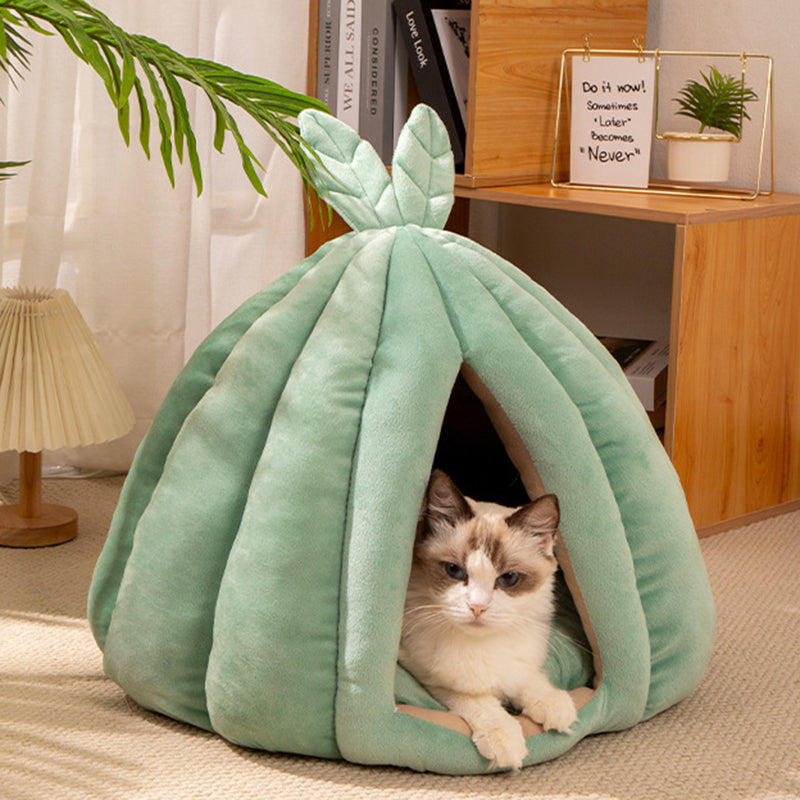Contemporary Creative Pumpkin-Shaped Rabbit Ear Design Velvet Anti-Slip Dotted Fabric Cat Bed For Bedroom Cuvalon