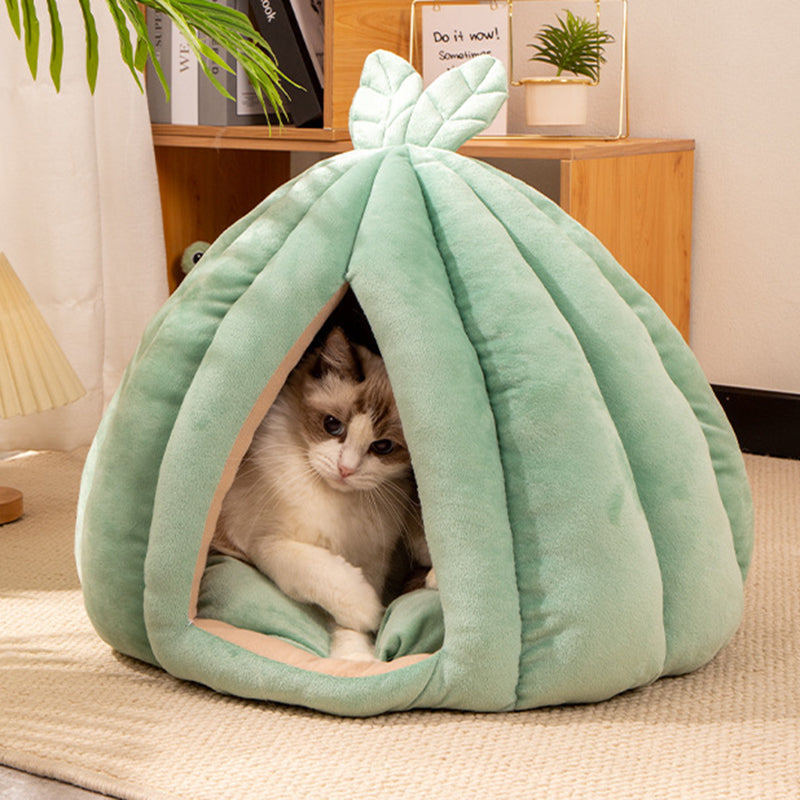 Contemporary Creative Pumpkin-Shaped Rabbit Ear Design Velvet Anti-Slip Dotted Fabric Cat Bed For Bedroom Cuvalon