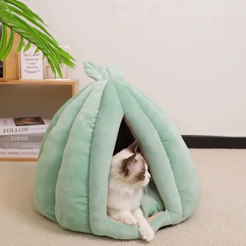 Contemporary Creative Pumpkin-Shaped Rabbit Ear Design Velvet Anti-Slip Dotted Fabric Cat Bed For Bedroom Cuvalon