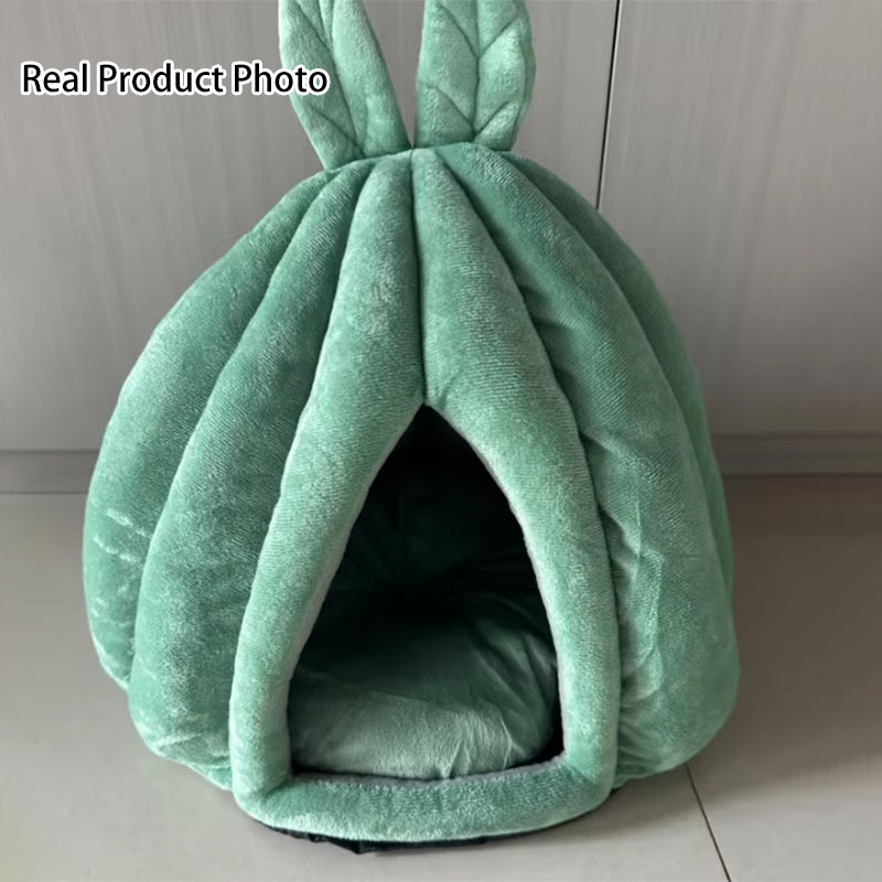 Contemporary Creative Pumpkin-Shaped Rabbit Ear Design Velvet Anti-Slip Dotted Fabric Cat Bed For Bedroom Cuvalon