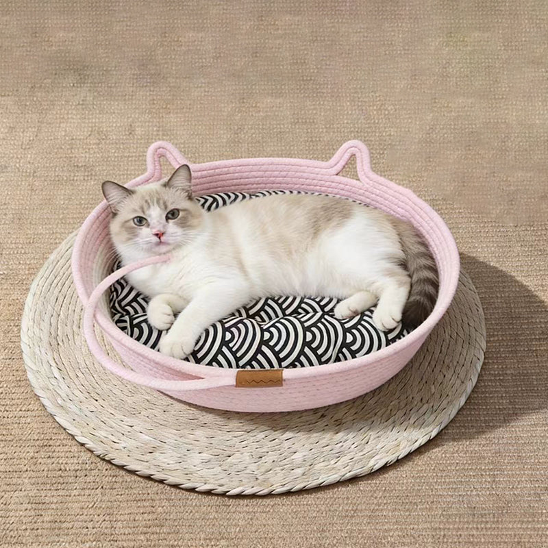 Contemporary Creative Cylindrical Cat Ear Design Cotton Linen Cat Bed With Toy Ball For Bedroom Cuvalon