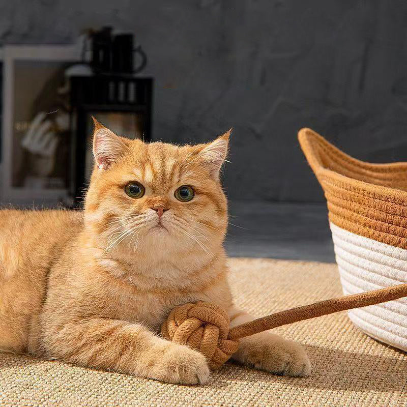 Contemporary Creative Cylindrical Cat Ear Design Cotton Linen Cat Bed With Toy Ball For Bedroom Cuvalon
