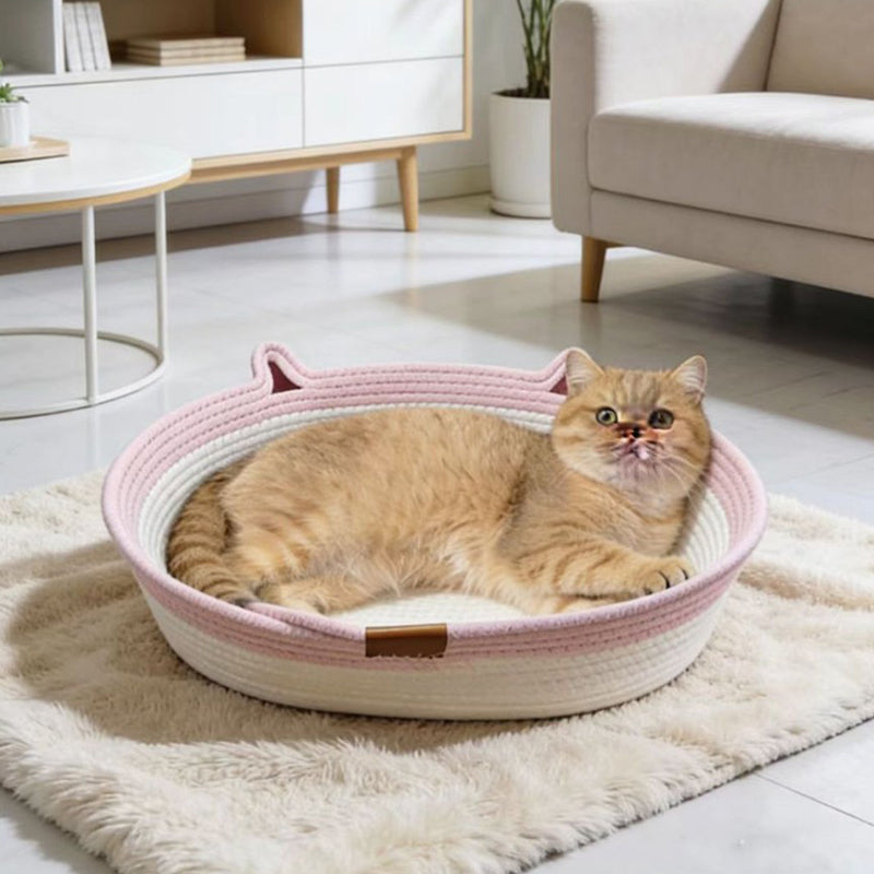 Contemporary Creative Cylindrical Cat Ear Design Cotton Linen Cat Bed With Toy Ball For Bedroom Cuvalon