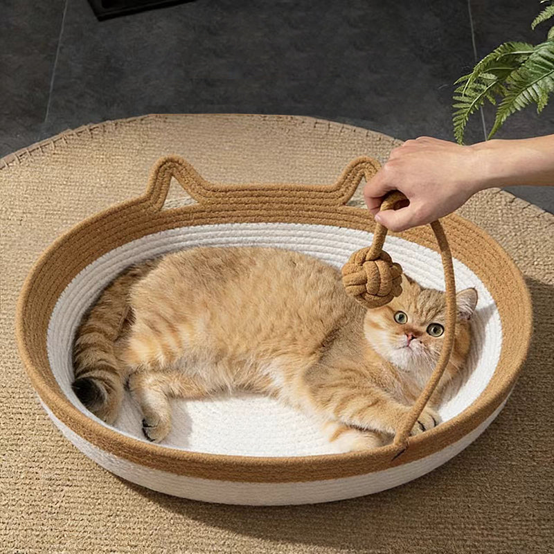 Contemporary Creative Cylindrical Cat Ear Design Cotton Linen Cat Bed With Toy Ball For Bedroom Cuvalon