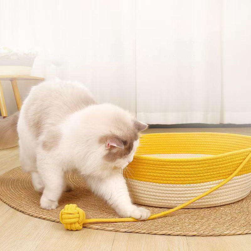 Contemporary Creative Cylindrical Cat Ear Design Cotton Linen Cat Bed With Toy Ball For Bedroom Cuvalon