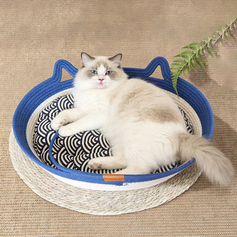 Contemporary Creative Cylindrical Cat Ear Design Cotton Linen Cat Bed With Toy Ball For Bedroom Cuvalon