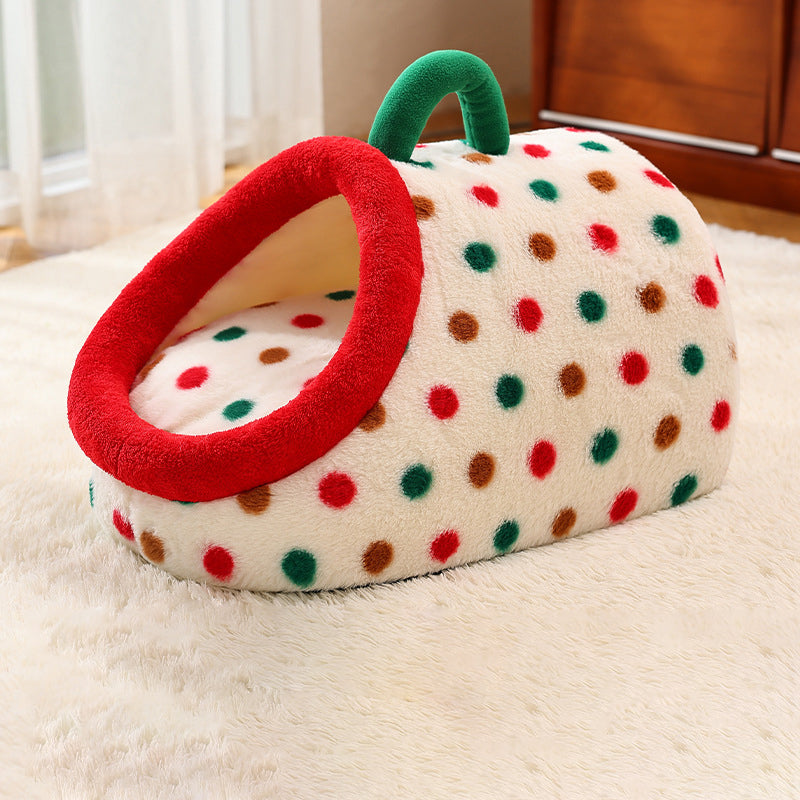 Contemporary Creative Cylindrical Velvet Anti-Slip Dotted Fabric Cat Bed With Handle For Bedroom Cuvalon