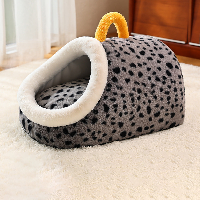 Contemporary Creative Cylindrical Velvet Anti-Slip Dotted Fabric Cat Bed With Handle For Bedroom Cuvalon