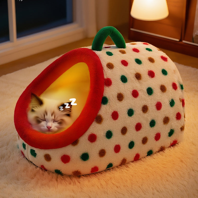 Contemporary Creative Cylindrical Velvet Anti-Slip Dotted Fabric Cat Bed With Handle For Bedroom Cuvalon