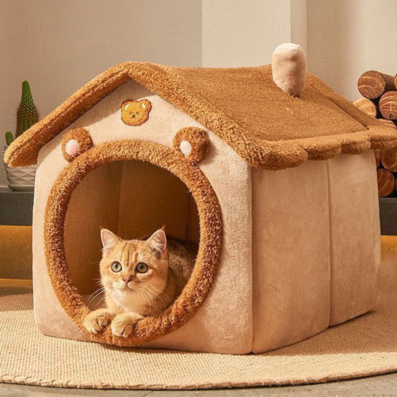 Contemporary Creative House-Shaped Bear Velvet Anti-Slip Dotted Fabric Dog Bed & Cat Bed For Bedroom Cuvalon