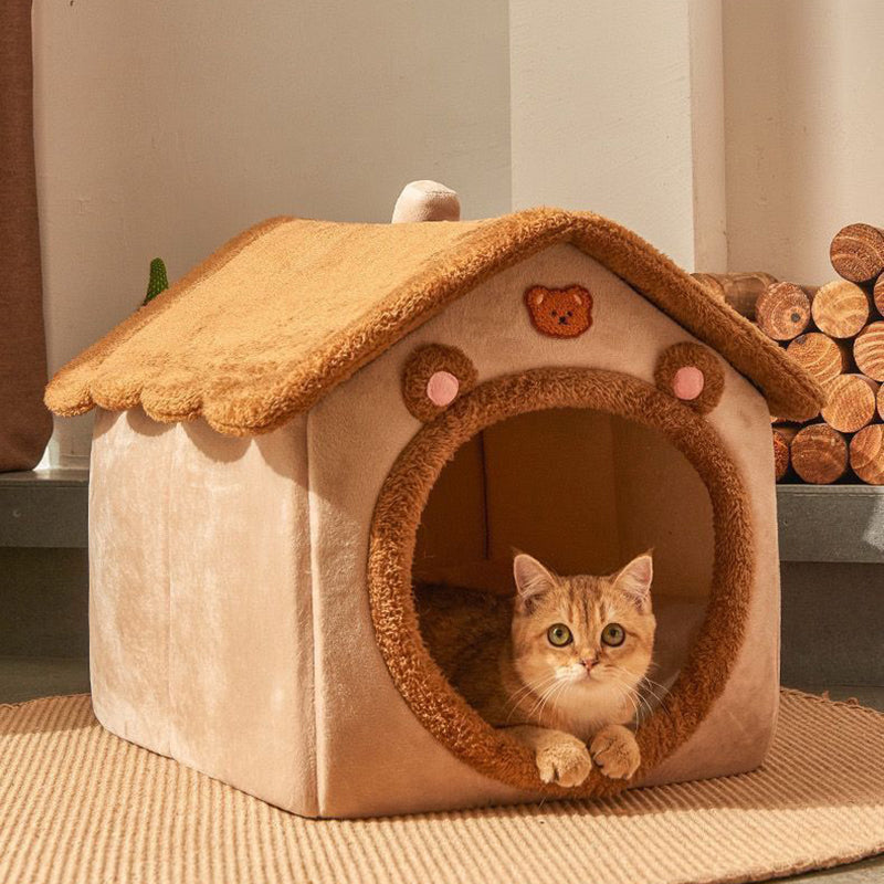 Contemporary Creative House-Shaped Bear Velvet Anti-Slip Dotted Fabric Dog Bed & Cat Bed For Bedroom Cuvalon