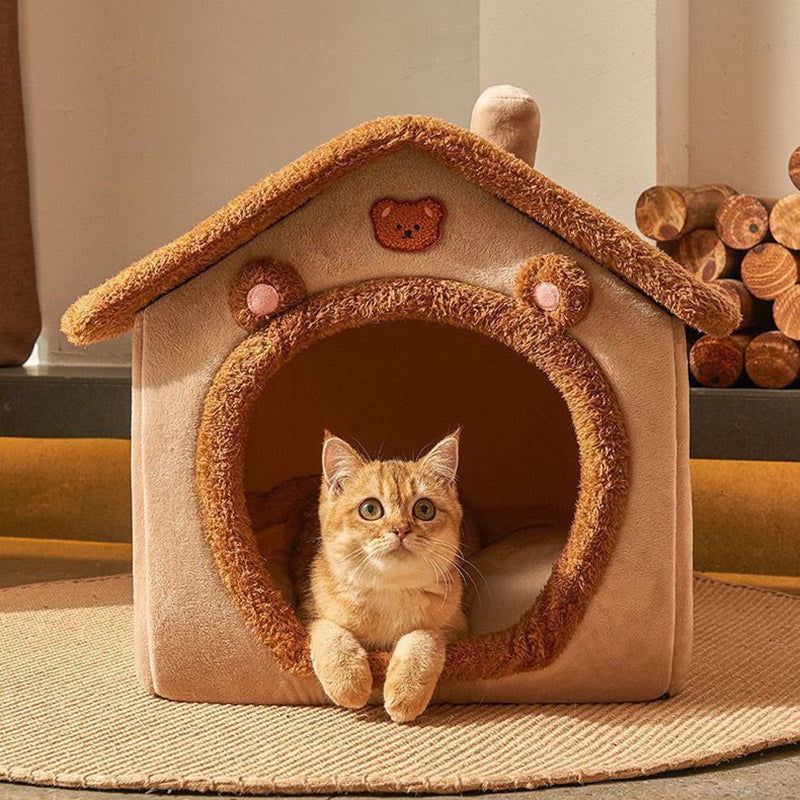Contemporary Creative House-Shaped Bear Velvet Anti-Slip Dotted Fabric Dog Bed & Cat Bed For Bedroom Cuvalon
