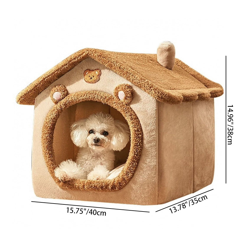 Contemporary Creative House-Shaped Bear Velvet Anti-Slip Dotted Fabric Dog Bed & Cat Bed For Bedroom Cuvalon