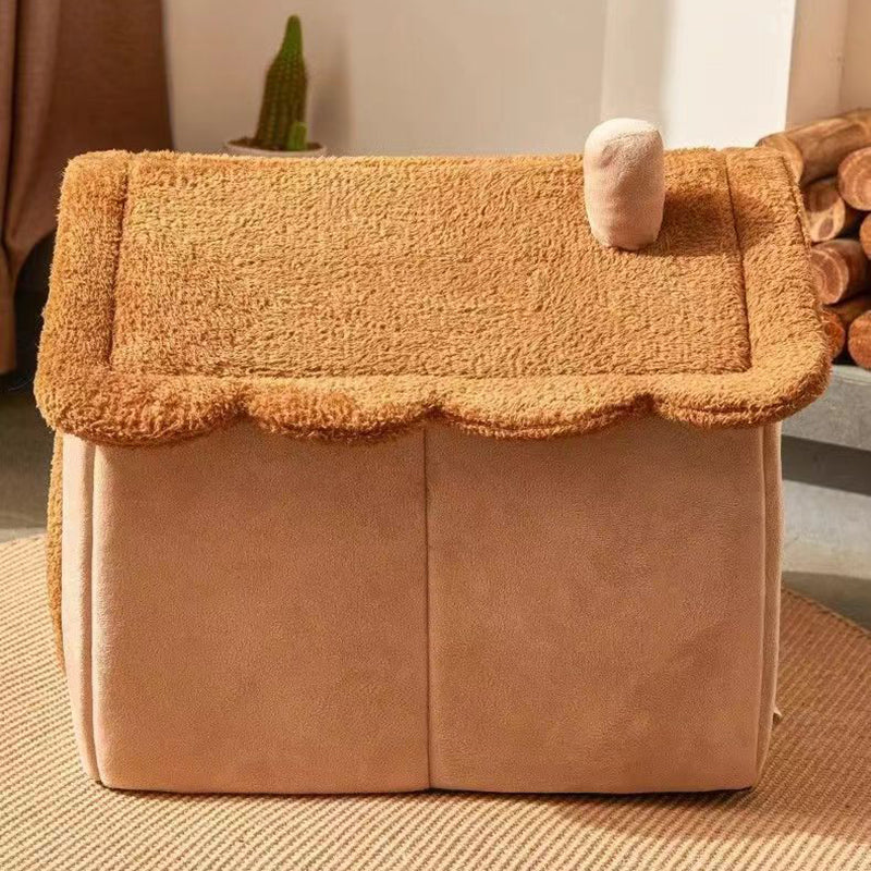 Contemporary Creative House-Shaped Bear Velvet Anti-Slip Dotted Fabric Dog Bed & Cat Bed For Bedroom Cuvalon