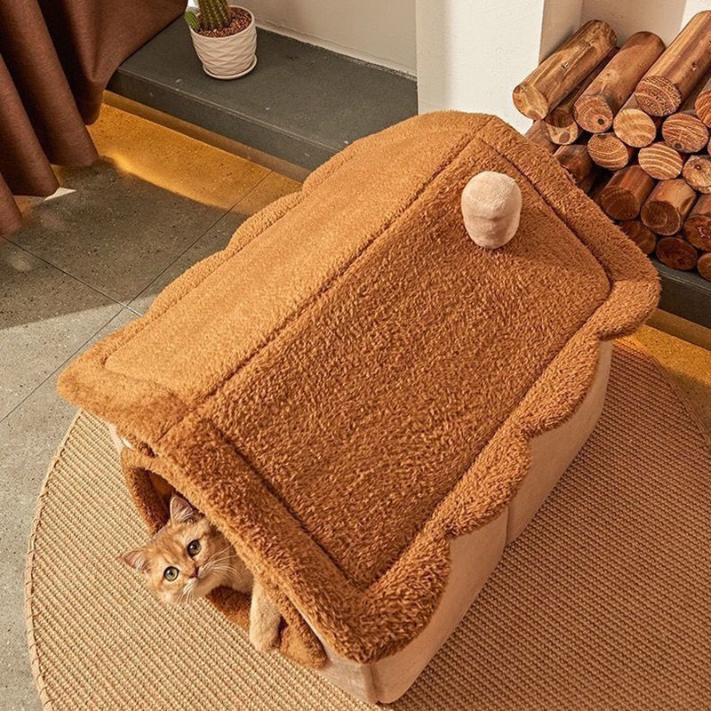 Contemporary Creative House-Shaped Bear Velvet Anti-Slip Dotted Fabric Dog Bed & Cat Bed For Bedroom Cuvalon