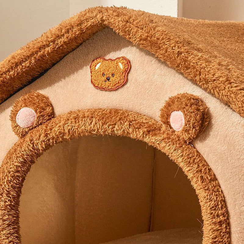 Contemporary Creative House-Shaped Bear Velvet Anti-Slip Dotted Fabric Dog Bed & Cat Bed For Bedroom Cuvalon