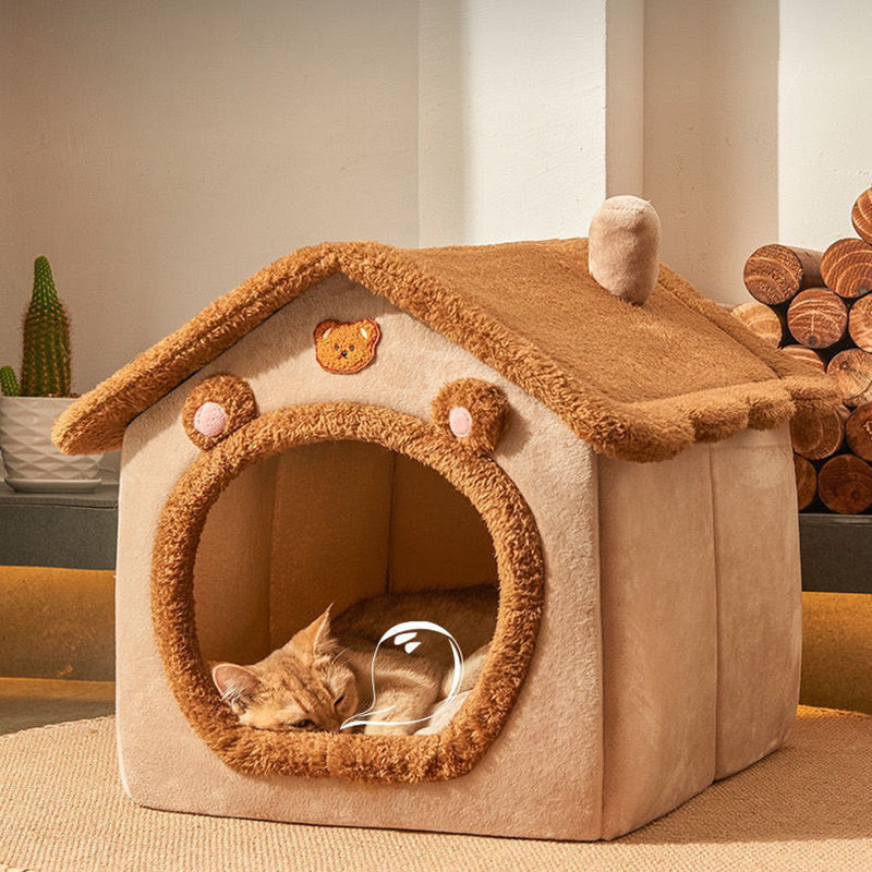 Contemporary Creative House-Shaped Bear Velvet Anti-Slip Dotted Fabric Dog Bed & Cat Bed For Bedroom Cuvalon